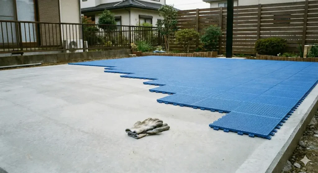 自宅の庭でコンクリート基礎の上に青いNEXCOURTのモジュラータイルをDIYで施工している様子。手前には作業用手袋が置かれている。