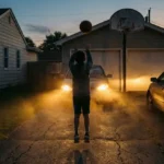 自宅の駐車場でバスケの連取をする子ども