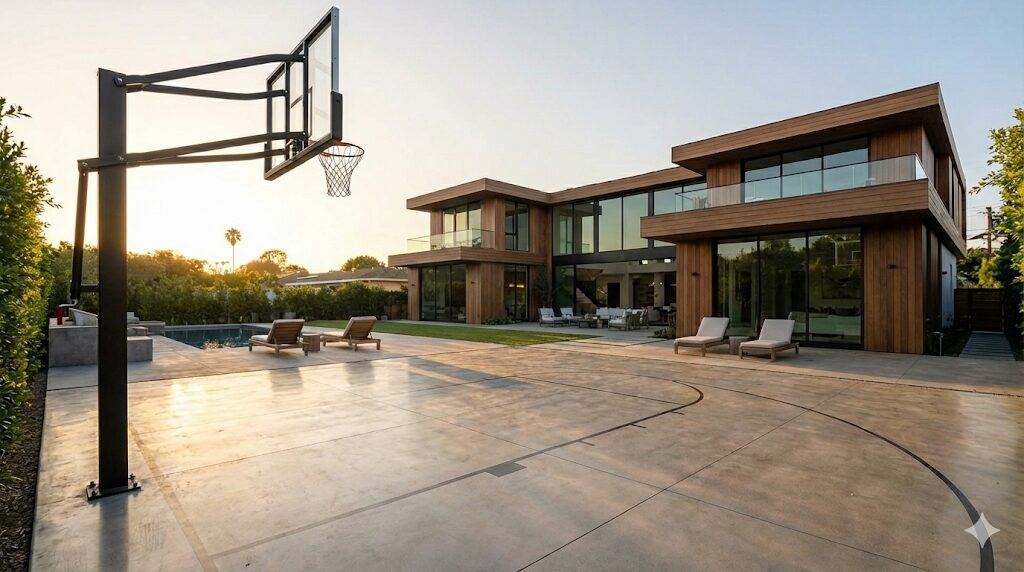 庭のバスケットコートと固定資産税のイメージ alt：洗練されたデザインの自宅庭用バスケットコート