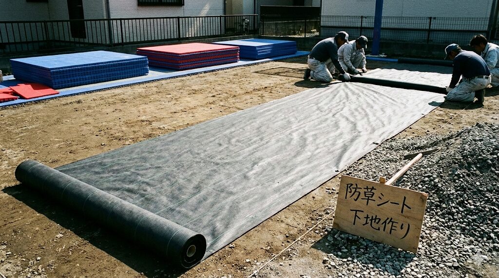 庭に設置されたスポーツタイルのバスケットコートとバスケットゴールの外観