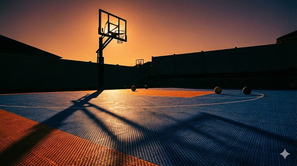 庭に設置されたスポーツタイルのバスケットコートとバスケットゴールの外観