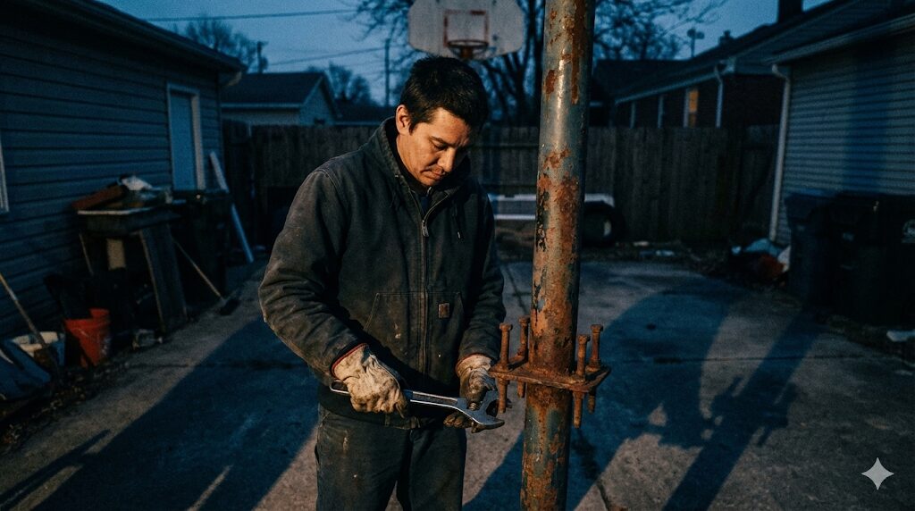 バスケットゴールのさびと格闘する男