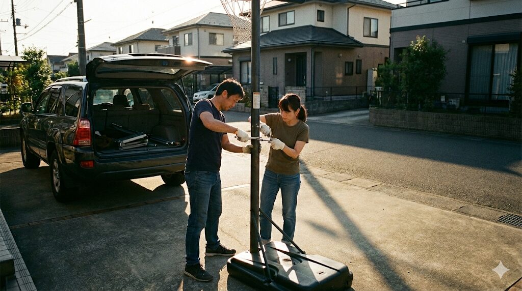 メルカリの購入者と一緒にバスケットゴールを解体して車に積み込んでいる様子