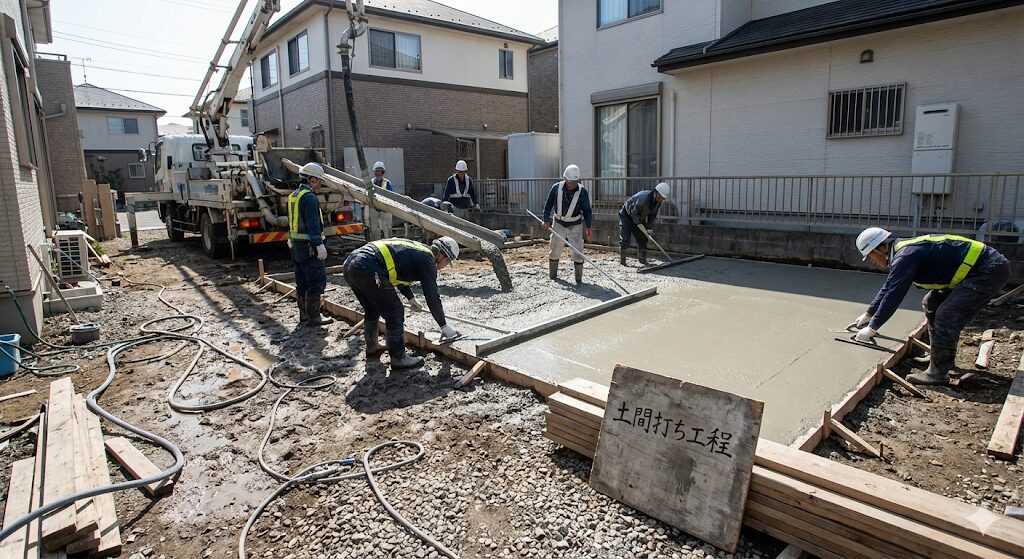 新築の外構工事でバスケットコート用の土間コンクリートを打設している現場