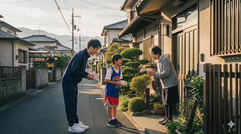 近所にバスケットゴール設置の挨拶に向かう親子の様子