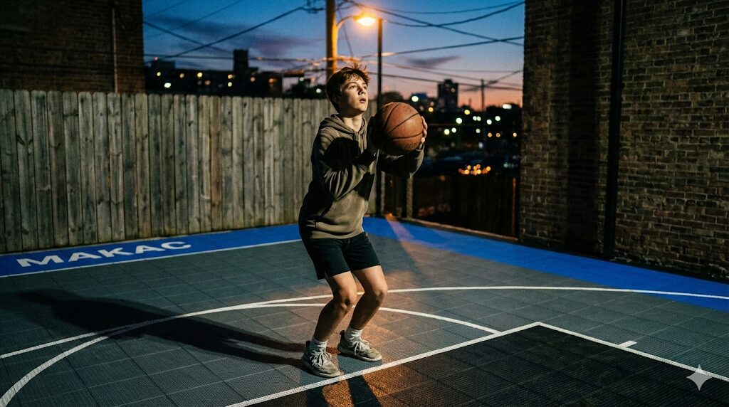 夕暮れの自宅バスケコートで集中してシュート練習をする少年