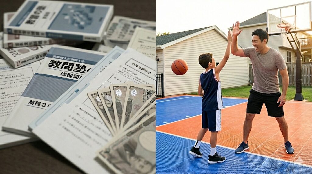 学習塾のテキストと自宅バスケコートでの親子のハイタッチの対比