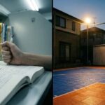 塾でテキストに向かう手元と、夕暮れのコートでシュートを打つ少年の対比