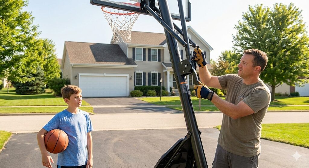 高さ調整機能付きバスケットゴールを操作する親子