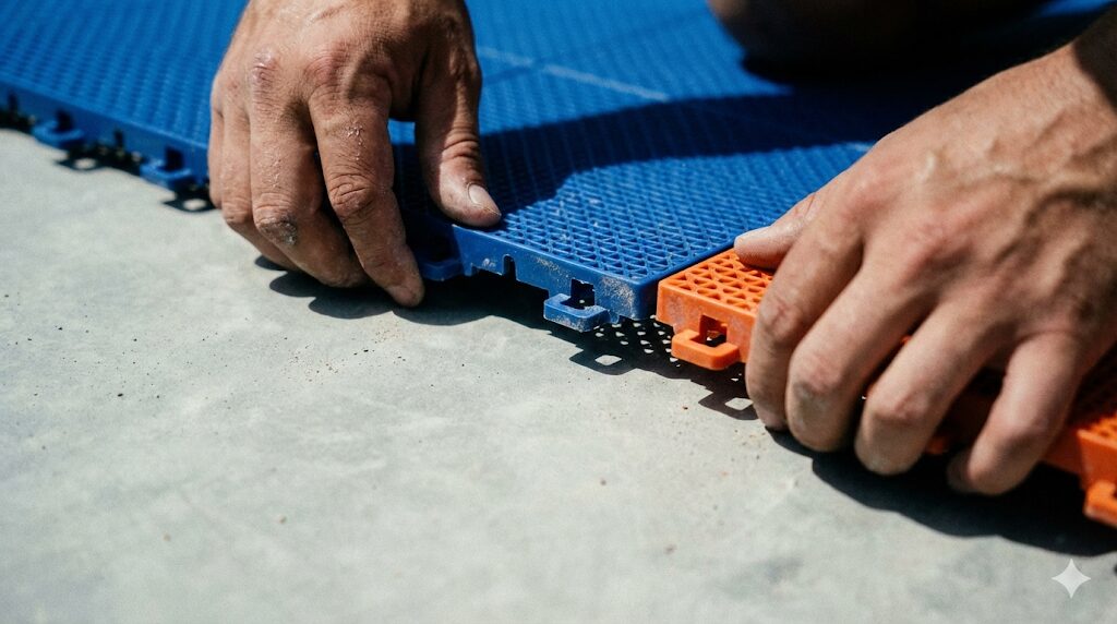 コンクリートの土台にスポーツタイルをはめ込む施工の様子