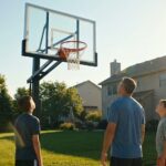 設置した新品のゴールを見上げる親子