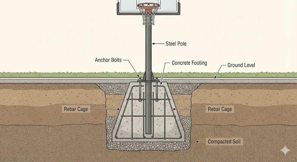 コンクリートで固定された埋め込み式バスケットゴールの地下構造図