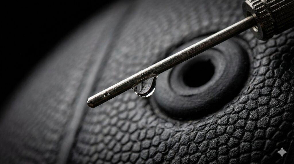 ボールの寿命を守るために空気入れの針に塗布された潤滑剤