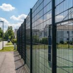 住宅街の景観に配慮しつつ設置された黒い防球フェンス