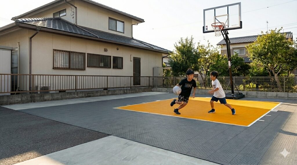 雨上がりにバスケをする子供たち
