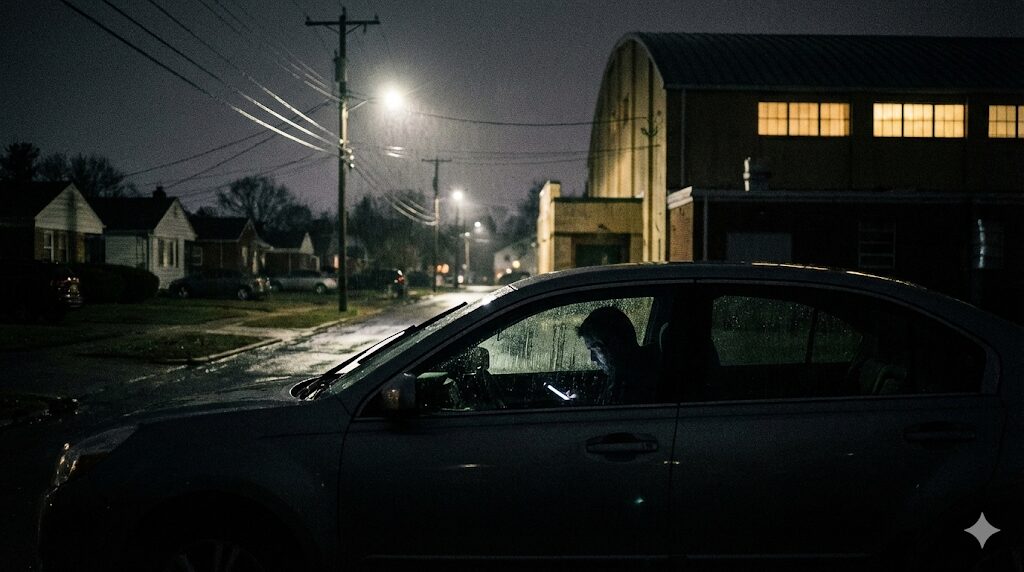 夜の体育館の外で子供のバスケ練習が終わるのを待つ親の車