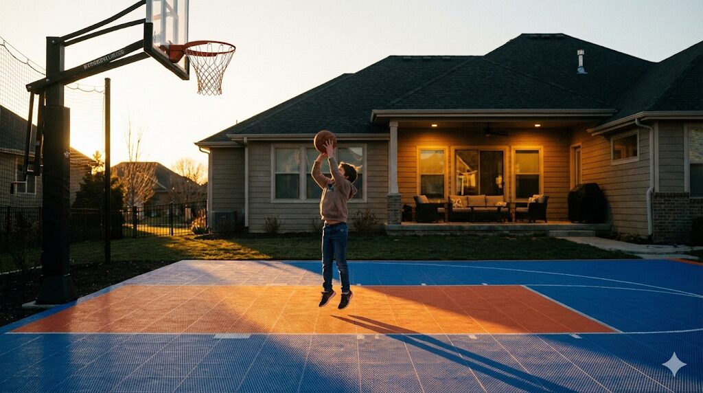 夕暮れの自宅コートで一人黙々とシュート練習をする子供