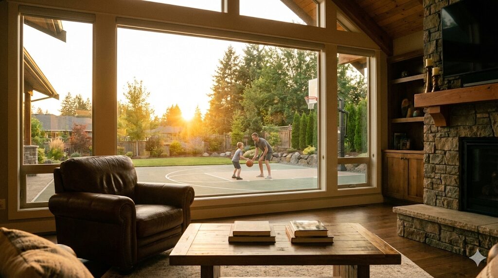 リビングから見える理想的な自宅バスケットコート