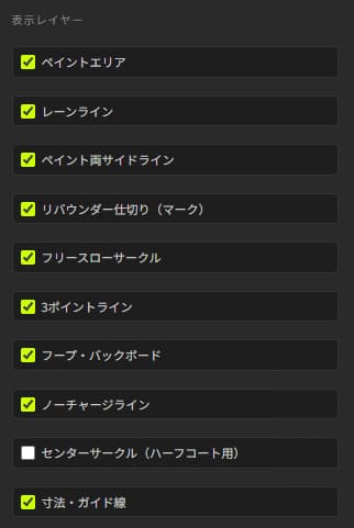 ペイントエリア（キー）、レーンライン、3ポイントライン、センターサークルといった主要なラインは、トグルのオン・オフ設定画面