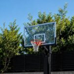 自宅の庭に設置したバスケットゴールのバックボードを見上げた写真。透明なボードに赤いリングとネットが付き、背景は青空と生垣
