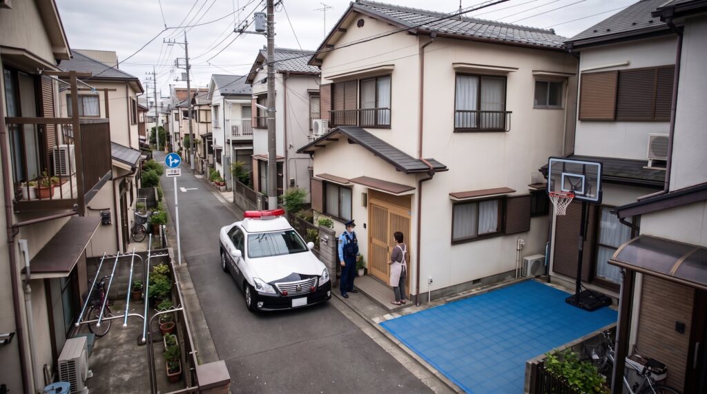 日本の住宅密集地の狭い道にパトカーが停まり、警察官が玄関先で住人と話している。右手前の敷地には車1台分ほどの青いスポーツタイルのコートとバスケットゴールが1基ある