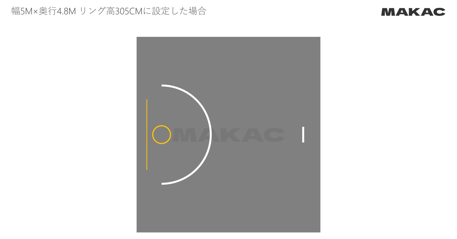 幅5m×奥行4.8m(実寸4672×4977mm、タイル面積22.3㎡)のコート割付図。駐車場1台分の奥行6.0mからタンク式ゴールのベース1.2m分を引いた実際のコートで、短い縦線はミニバスのフリースローラインだけが入り、一般のフリースローラインは入っていない