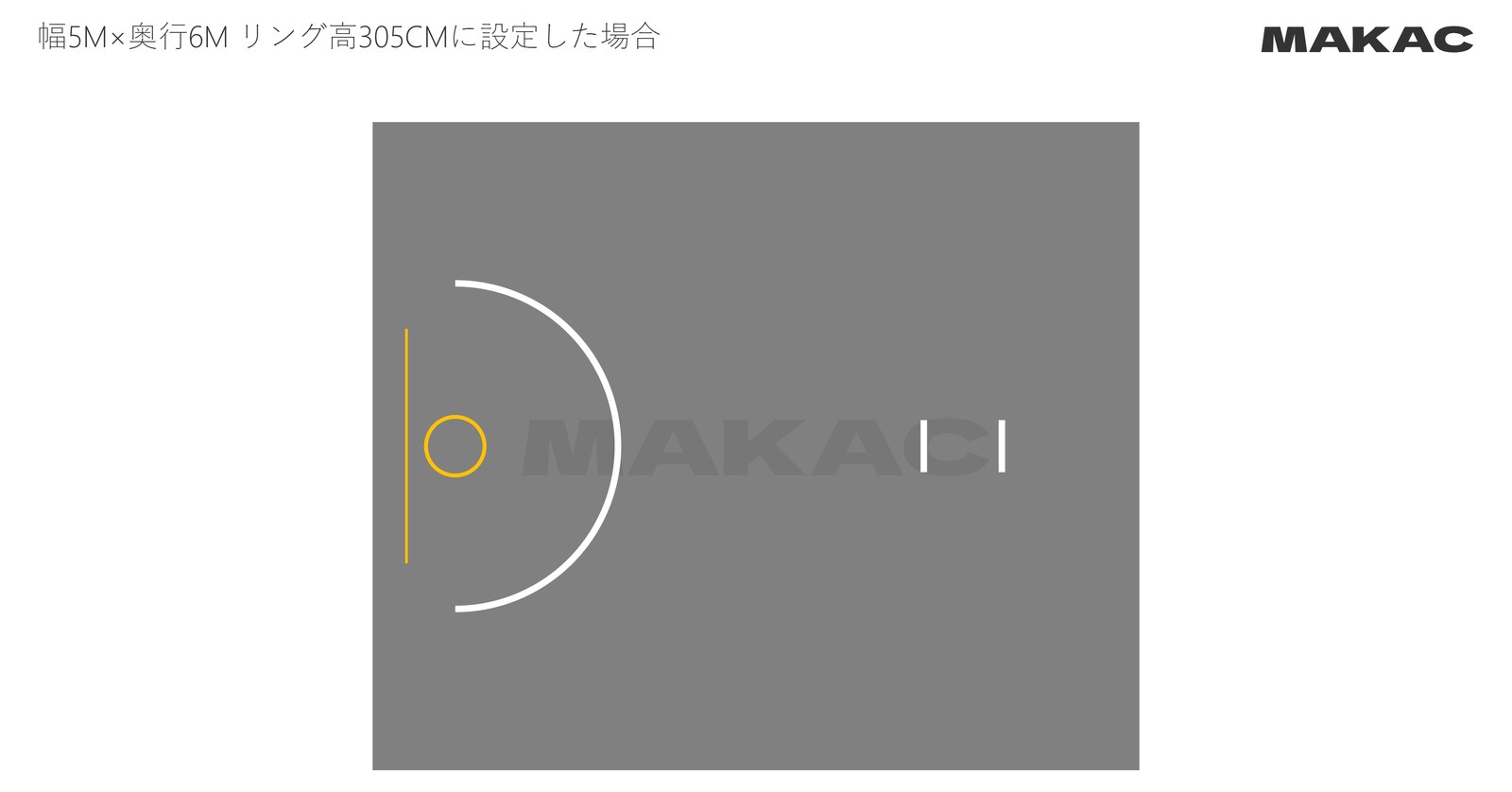 幅5m×奥行6m（実寸5891×4977mm、タイル面積28.2㎡）のコート割付図。リング高305cmに設定したタンク式ゴールをベースをタイルの外に出して置いた配置で、バックボードがベースライン際まで寄り、ボードの前が広くなっている