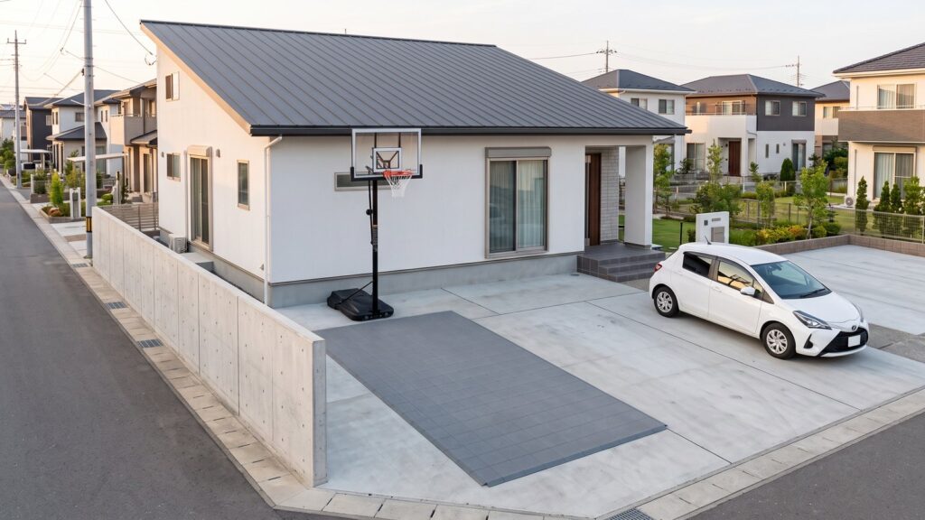 ガルバリウム鋼板の屋根と白い塗り壁の新しい日本の住宅。2台分のコンクリート駐車場で、右の1台分に白い普通乗用車が停まり、左の1台分だけに濃いグレーのインターロッキング式スポーツタイルが細長く敷かれている。タイルの表面は単色の無地で、パネルの継ぎ目のグリッドだけが見えている。タイルの範囲は隣の車と同じ幅・同じ長さで、幅2.5m×奥行6.0mの1台分。奥の壁際にタンク式バスケットゴールが立ち、黒いベースはタイルの外のコンクリートに置かれている