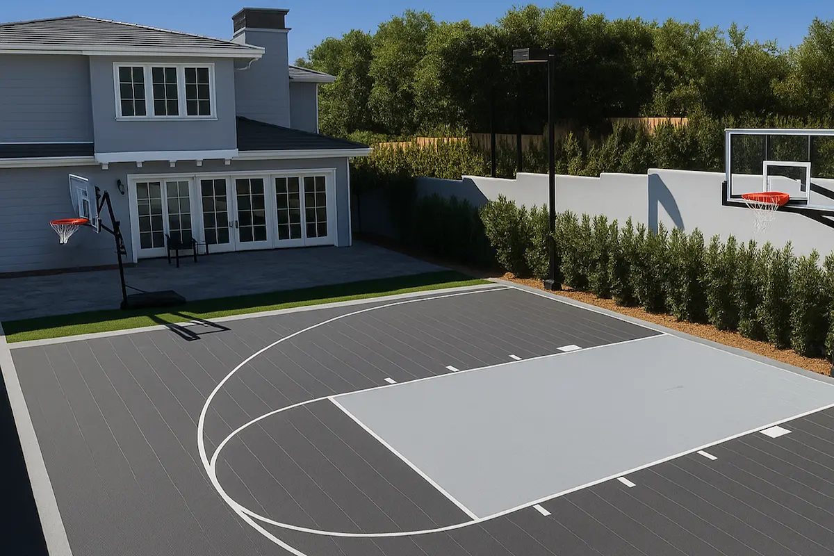 MAKACタイルを使った屋外バスケットボールハーフコートの施工事例