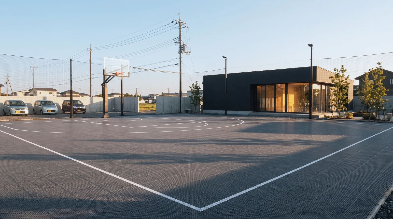店舗の敷地に設置した3x3フルサイズの屋外バスケットコート（イメージ）
